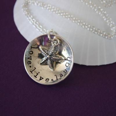 Live Love Laugh Necklace Sterling Silver, Inspirational Words, Name Charm, Starfish Charm