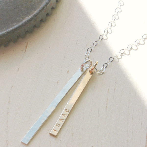 Long Vertical Two Bar Necklace with names, personalized gift for mom, silver and Gold Plated, skinny long bar necklace, two kids necklace