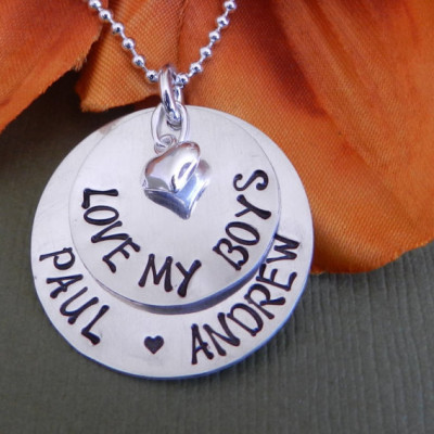 Love our boys necklace Mothers day gift, Mothers day necklace mom of boys Gift from son Sterling silver Hand stamped, Mothers necklace twins