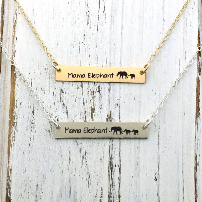 Mama elephant Necklace, /Mother's Day Necklace /gold filled bar/ sterling silver bar/ Mother's Day gift /Custom Message Necklace
