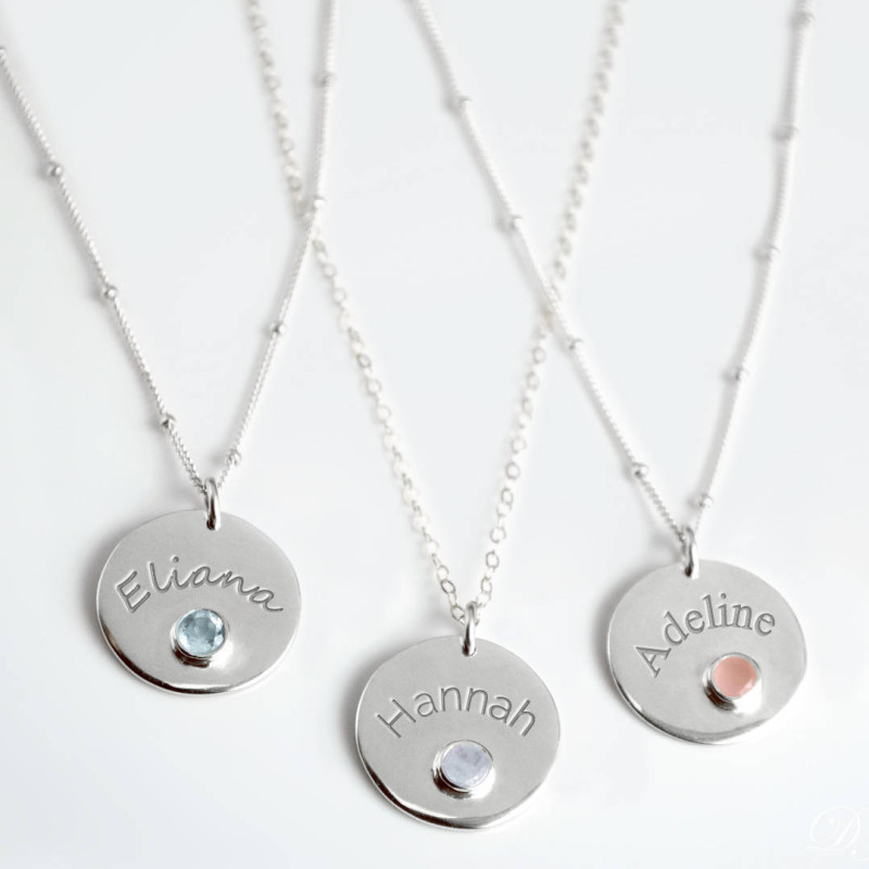 May Birthstone Necklace, Engraved Gemstone Disc Necklace 
