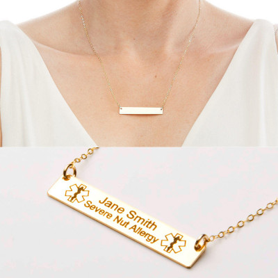 Medical Alert Necklace - Custom Medical ID Jewelry-Personalized Gold Bar-18k Gold Plated-Rose-Sterling Silver-CG286N_1.5X0.25