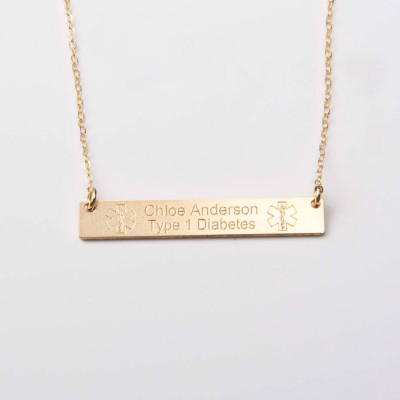 Medical Alert Necklace - Custom Medical ID Jewelry-Personalized Gold Bar-18k Gold Plated-Rose-Sterling Silver-CG287N_1.5X0.25
