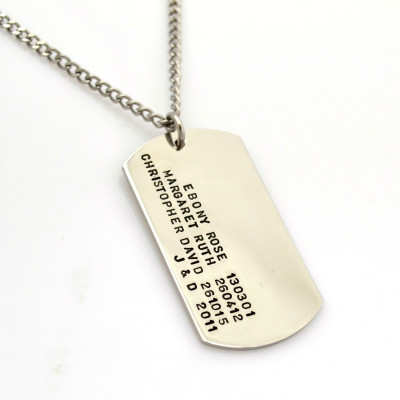 Military Dogtag Style Personalised Hand Stamped Pendant & Chain - Sterling Silver Silver