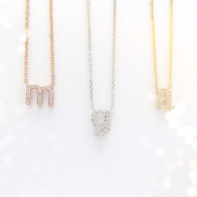 Mini 18k Gold Diamond Initial Necklace / 18kt yellow, white, rose gold / Lowercase diamond letter necklace