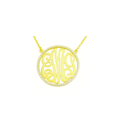 Mono85 Yellow Gold Plated1-3/8" Sterling Silver w/ 58 Swarovski Cubic Zirconia Monogram Necklace