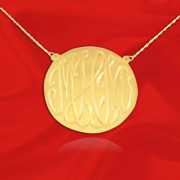 Monogram Necklace - 1 inch 18k Gold Plated Sterling Silver Hand Engraved - Personalized Monogram Necklace - Made in USA