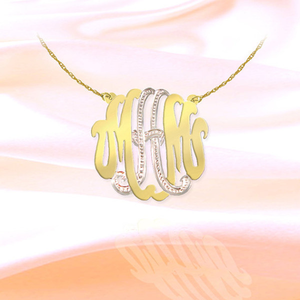 Monogram Necklace - 1 inch Sterling Silver 18k Gold Plated Handcrafted Two Tone Monogram Necklace - Made in USA