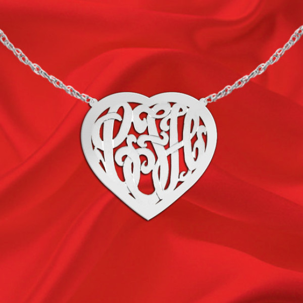 Monogram Necklace - 1 inch Sterling Silver Handcrafted Heart Border Monogram Necklace - Made in USA