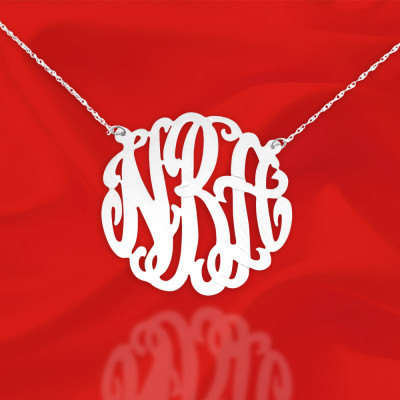 Monogram Necklace - 1.25 inch Sterling silver Personalized Initial Monogram - Handcrafted Designer Initial Necklace - Made in USA