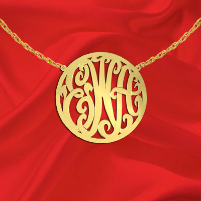 Monogram Necklace - 1.25 inch 18k Gold Plated Silver Handcrafted Initial Necklace - Circle Border Monogram Necklace - Made in USA