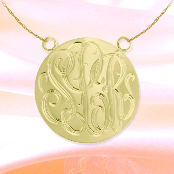 Monogram Necklace - 1.5 inch 18k Gold Plated Sterling Silver Hand Engraved Personalized Monogram - Made in USA