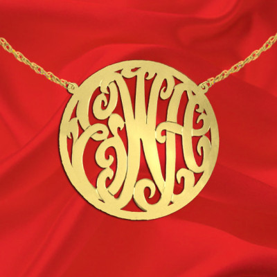 Monogram Necklace - 1.5 inch 18k Gold Plated Sterling Silver Handcrafted Circle Border Monogram Necklace - Made in USA