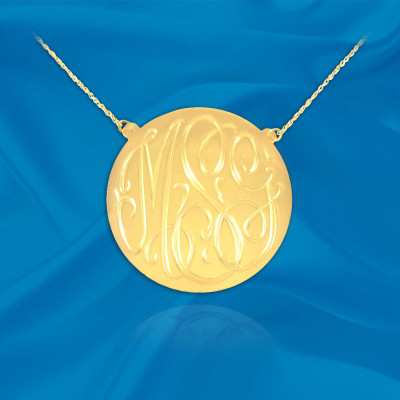 Monogram Necklace - .75 inch 18k Gold Plated Sterling Silver Hand Engraved Personalized Monogram - Made in USA