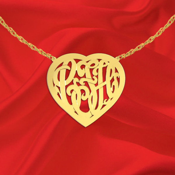 Monogram Necklace 1 inch 18k Gold Plated Sterling Silver Handcrafted Designer Heart Border Monogram Necklace - Made in USA