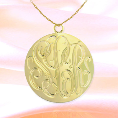 Monogram Necklace 1.25 inch 18k Gold Plated Sterling Silver Hand Engraved Personalized Initial Necklace - Made in USA