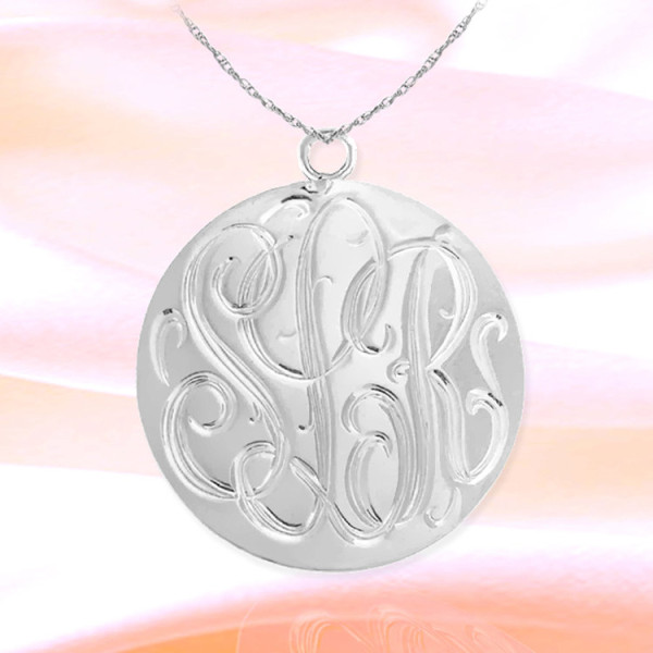 Monogram Necklace 1.25 inch Sterling Silver Hand Engraved Personalized Initial Necklace - Made in USA