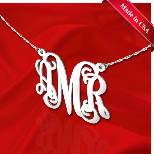 Monogram Necklace 1.25 inch Sterling Silver Handcrafted Personalized Initial Necklace - Made in USA