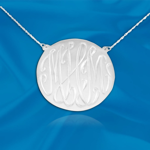 Monogram necklace - 1 inch Sterling silver Hand Engraved Designer Initial Necklace - Made in USA