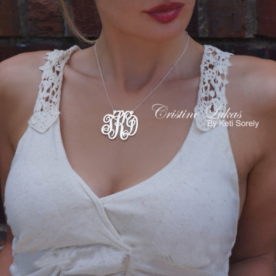 Monogrammed Initials Necklace - Personalized Swirly Monogram Letters - Small To Large Sizes - Sterling Silver, Yellow or Rose Gold
