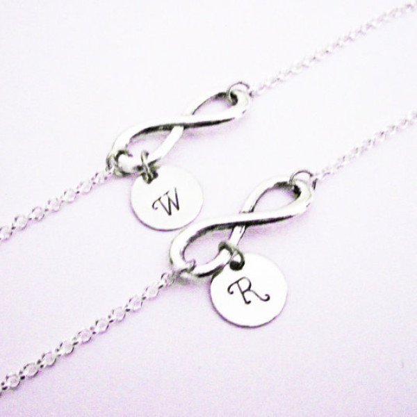 Mother & Daughter personalized infinity NECKLACES, Set of two (2) bff gifts, letter, monogram, child little girl, mom, custom stamped charm