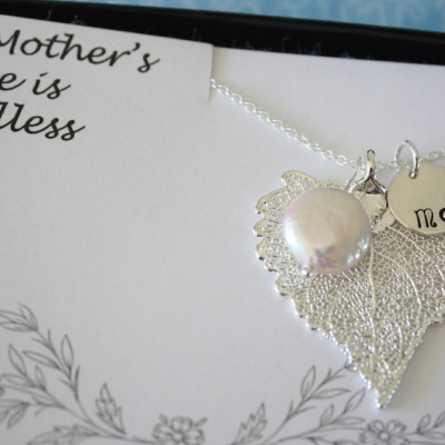 Mother Gift, Personalized Leaf Necklace, Mother Thank You Card, Monogram Neck;ace, Pearl Sterling Silver Necklaces
