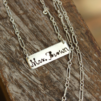 Mrs. Necklace - Hand Sawed Bar Name Necklace - Wedding Gift and Bridesmaid Gift Personalized Jewelry