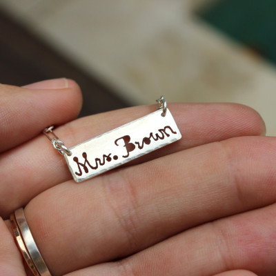 Mrs. Necklace - Hand Sawed Bar Name Necklace - Wedding Gift and Bridesmaid Gift Personalized Jewelry