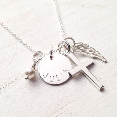 Name Necklace, First Communion, Gift For Girl, Personalized, Religious Jewelry, Cross Necklace, Confirmation, Keepsake, Sterling Silver