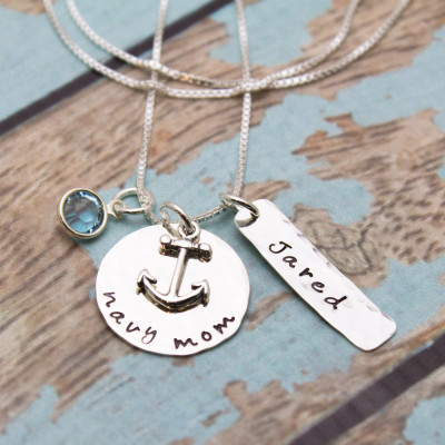 Navy Mom Necklace in Sterling Silver with Anchor Charm, Name and Birthstone Customized Hand Stamped Jewelry-