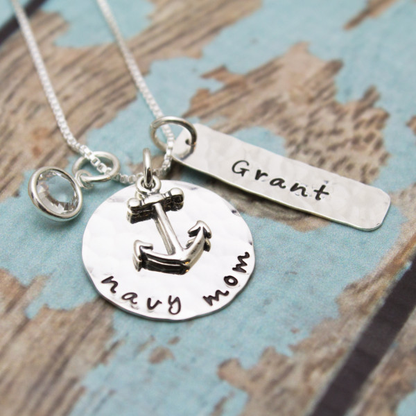 Navy Mom Necklace in Sterling Silver with Anchor Charm, Name and Birthstone Customized Hand Stamped Jewelry-