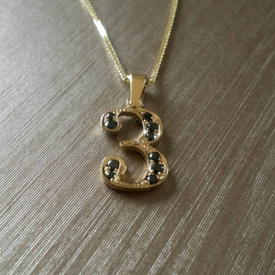 Number three gold pendant with black diamonds, gold pendant, three pendant, gold number charm, diamonds, gold snd diamonds, gold necklace