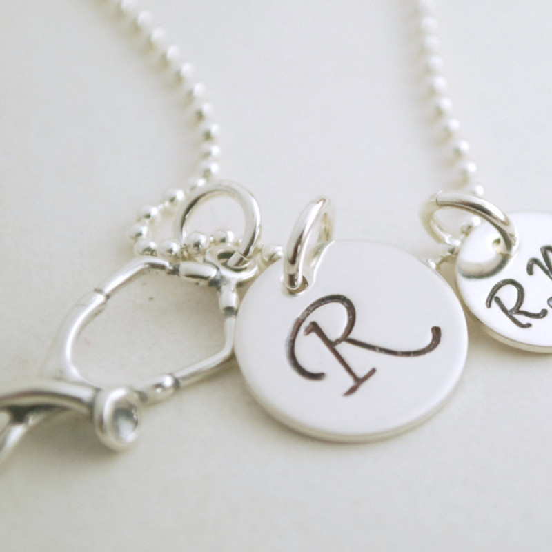 Number One Nurse Nurse Heart Charm Necklace Personalized Hand Stamped Initial  Antique Silver Heart Nurse Charm Necklace