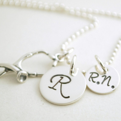 Nurse Necklace Gift for Nurse - Personalized RN Graduation Custom Initial Jewelry Hand Stamped Sterling Silver Custom Nurse Necklace