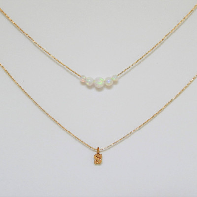 Opal and Initial Necklace • Personalized Layered Beaded Opal Necklace • White Opal Necklace • Letter Necklace • Multi Strand [105 L]