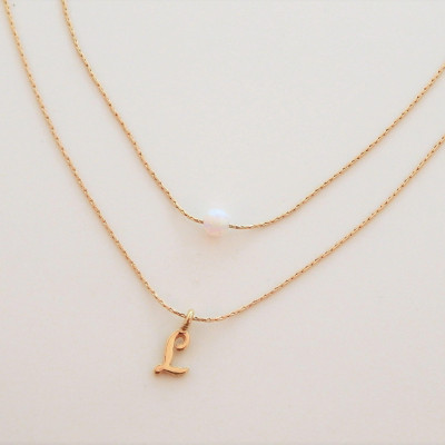 Opal and Initial Necklace • Personalized Layered Gift for Girlfriend Sister Her Women • White Opal Initial Necklace [104 L]