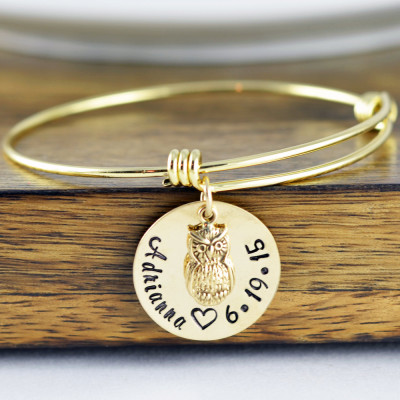 Owl Bracelet - Owl Jewelry - New Mom Gift - Owl Lover Gift - Date Bracelet - Hand Stamped Jewelry - Gold Owl Bracelet - Mothers Day Gift