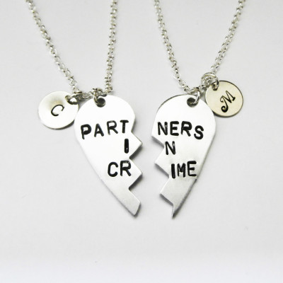 PARTNERS IN CRIME necklace, initials friendship necklace set, best friends, best bitches, broken heart set, sisters gift jewelry, matching