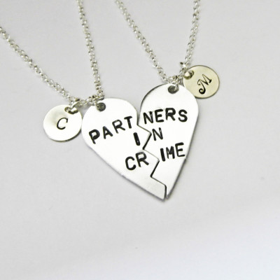 PARTNERS IN CRIME necklace, initials friendship necklace set, best friends, best bitches, broken heart set, sisters gift jewelry, matching