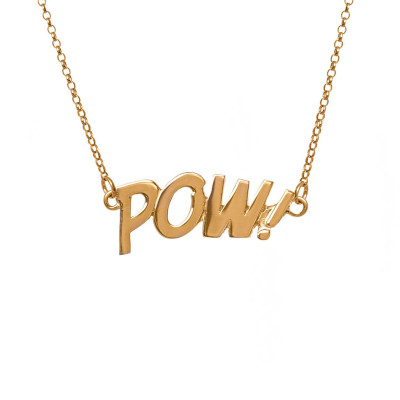 POW Letters Necklace Large 18kt Gold Vermeil. The Pop Art Collection. Designer comic jewelry hallmarked in Dublin Castle, Ireland.