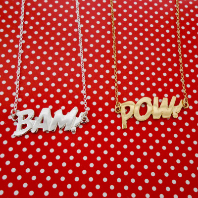 POW Letters Necklace Large 18kt Gold Vermeil. The Pop Art Collection. Designer comic jewelry hallmarked in Dublin Castle, Ireland.