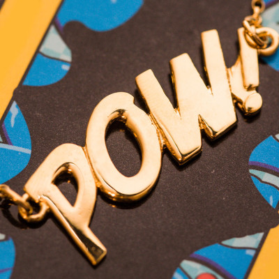 POW Letters Necklace Large 18kt Gold Vermeil. The Pop Art Collection. Designer comic jewelry hallmarked in Dublin Castle, Ireland.