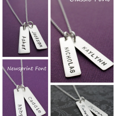 Personalized Baby Name Necklace - THREE Handstamped Name Charms in Sterling Silver - Rectangular Bar Necklace - Gifts for Mom or Grandma