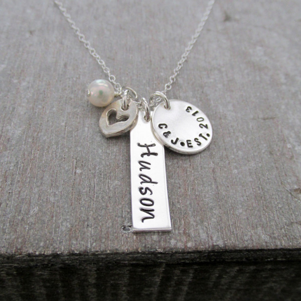 Personalized Bar Charm Necklace, Sterling Silver, Mother Jewelry, Hand Stamped, Personalized Jewelry, Baby Shower Gift