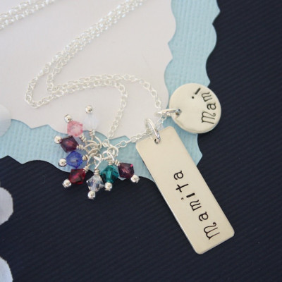 Personalized Birthstone Mother Necklace, Grandma Gift, Grandkids Necklace, Silver Name Charm, Silver Tags, Sexy Grandma Necklace, Mamita