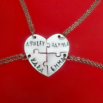 Personalized Bridesmaid Puzzle Necklaces, 4 Piece Heart Puzzle Piece Name Necklace Set, Hand Stamped Four Friend Jewelry Set, 4 BFFs Gifts
