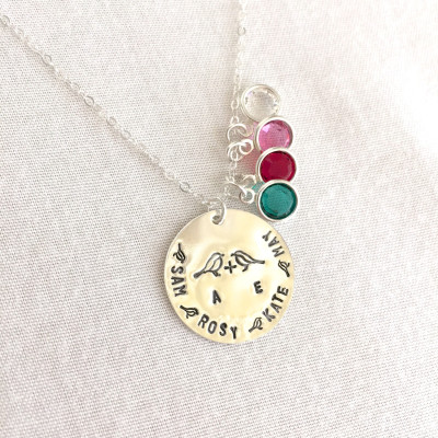 Personalized Family Bird Necklace, Mother's Day, Family Tree, Children Name, Sterling Silver Disc, Customized Mother Neclace