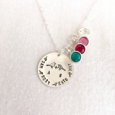 Personalized Family Bird Necklace, Mother's Day, Family Tree, Children Name, Sterling Silver Disc, Customized Mother Neclace