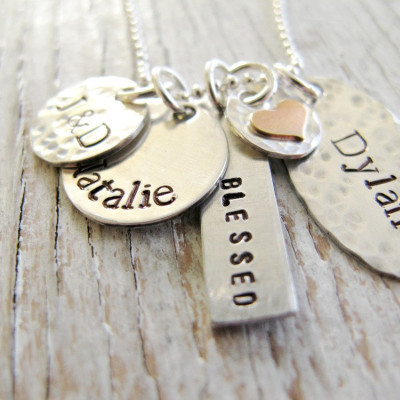 Personalized Family Necklace, Mother's Necklace, Grandma, Kids Names Necklace, Hand Stamped, Sterling Silver, Christmas Gift
