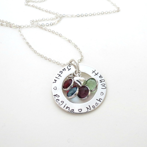 Personalized Family Necklace with Birthstones and Heart Charm - Personalized Jewelry - Kids Names - Mothers Necklace -Grandma - Engraved